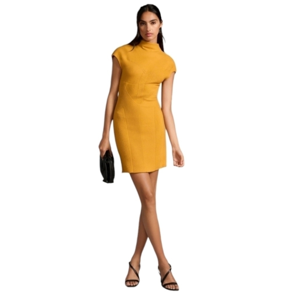 By Anthropologie Short Sleeve Mock Neck Yellow Knit Pullover Sweater Dress